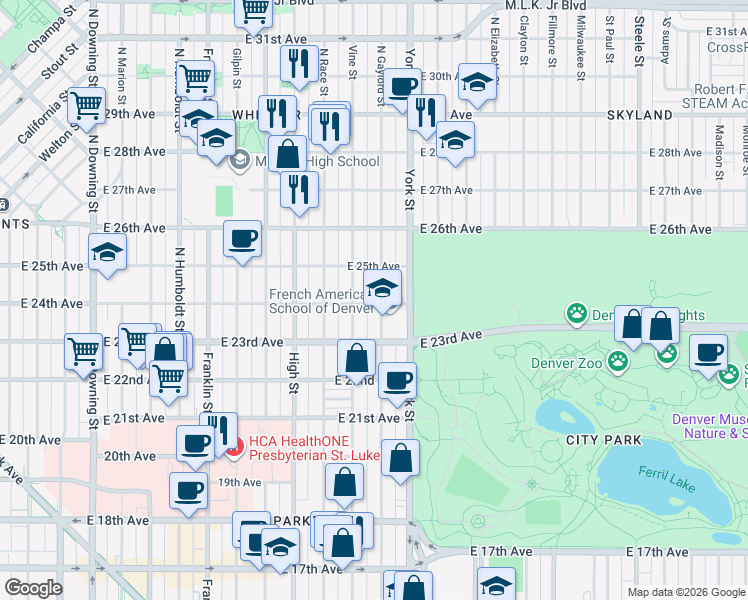 map of restaurants, bars, coffee shops, grocery stores, and more near 2341 North Gaylord Street in Denver
