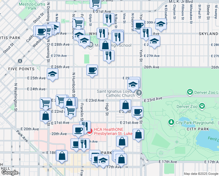 map of restaurants, bars, coffee shops, grocery stores, and more near 2337 Race Street in Denver