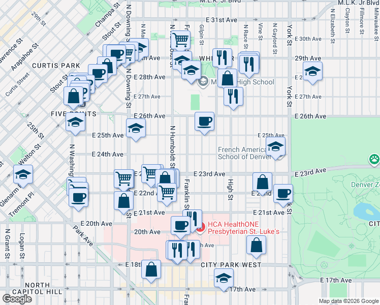 map of restaurants, bars, coffee shops, grocery stores, and more near 2341 Franklin Street in Denver