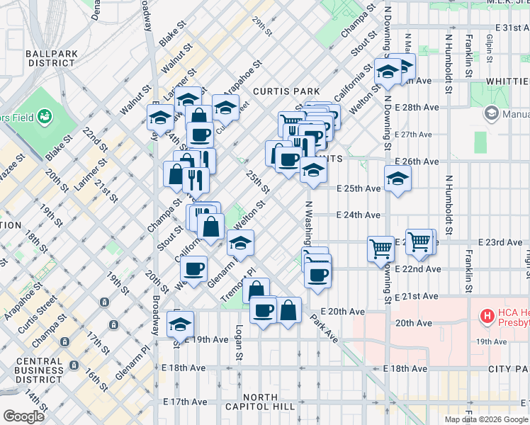 map of restaurants, bars, coffee shops, grocery stores, and more near 471 24th Street in Denver