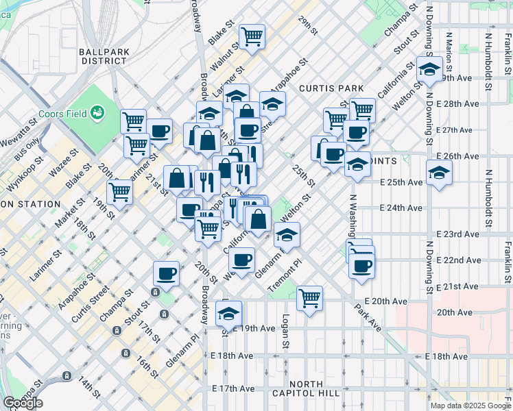 map of restaurants, bars, coffee shops, grocery stores, and more near 2260 California Street in Denver