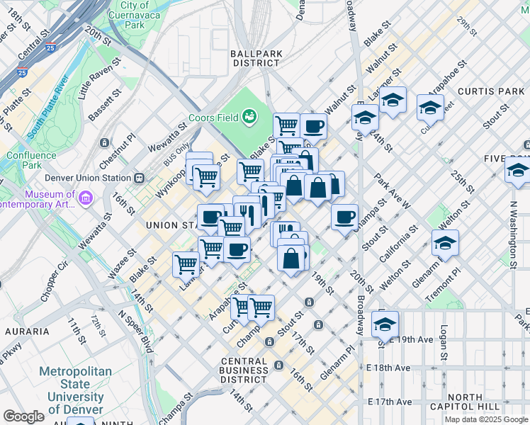 map of restaurants, bars, coffee shops, grocery stores, and more near 1925 Lawrence Street in Denver
