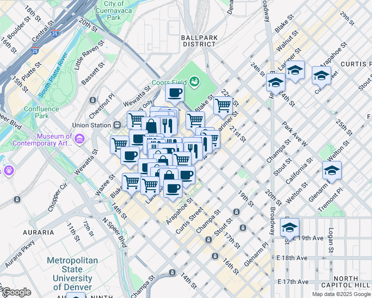 map of restaurants, bars, coffee shops, grocery stores, and more near 1777 Larimer Street in Denver