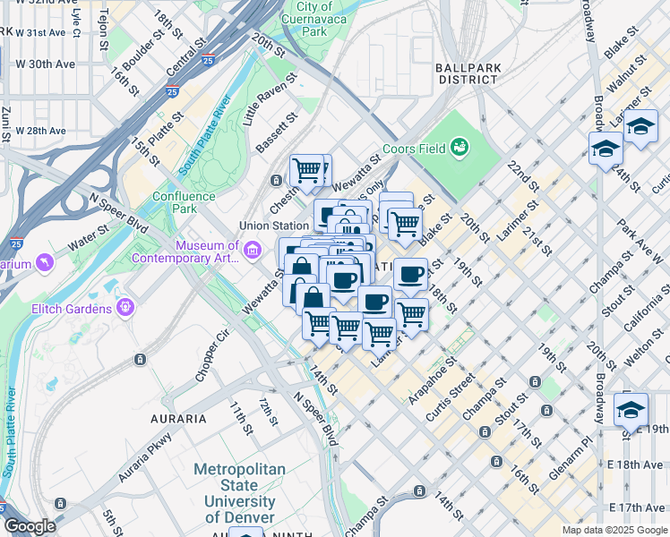 map of restaurants, bars, coffee shops, grocery stores, and more near 1601 Wazee Street in Denver