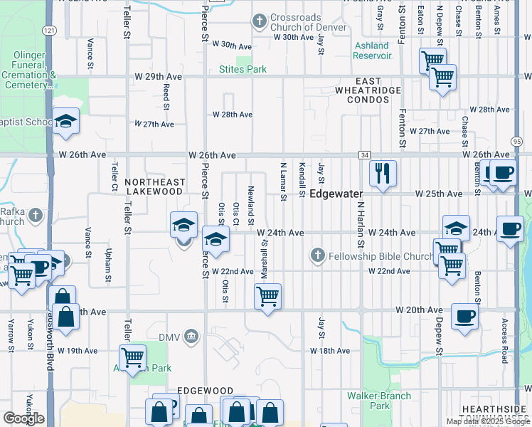 map of restaurants, bars, coffee shops, grocery stores, and more near 2408 Newland Street in Edgewater