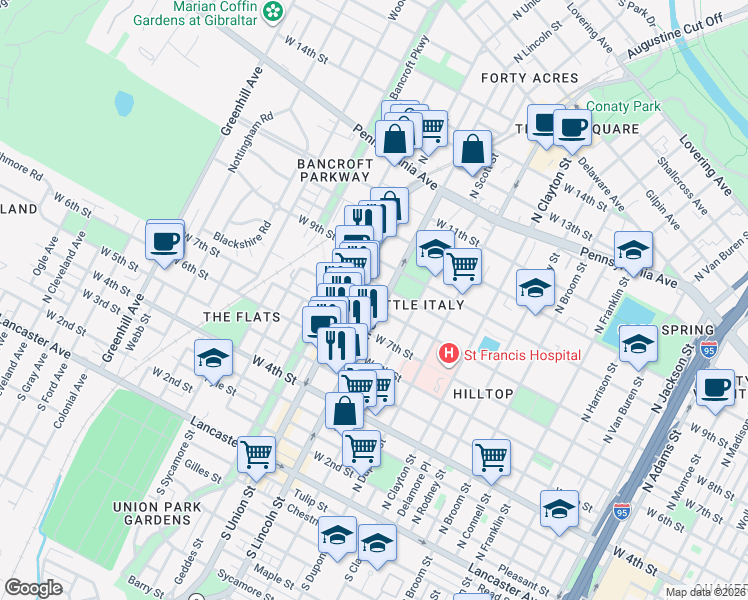 map of restaurants, bars, coffee shops, grocery stores, and more near 711 North Lincoln Street in Wilmington