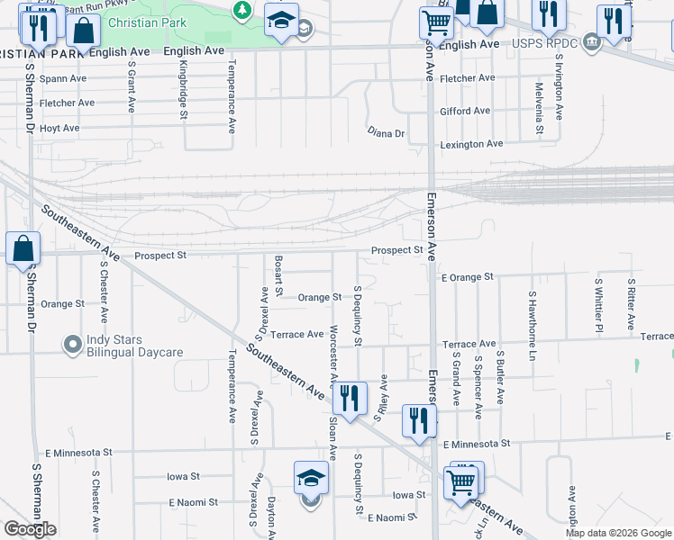 map of restaurants, bars, coffee shops, grocery stores, and more near 1122 Worcester Avenue in Indianapolis