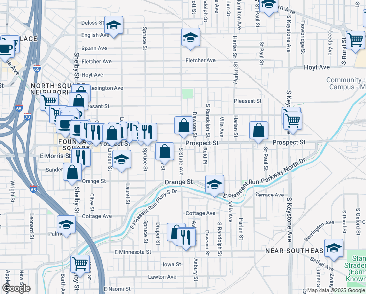 map of restaurants, bars, coffee shops, grocery stores, and more near 1132 Dawson Street in Indianapolis