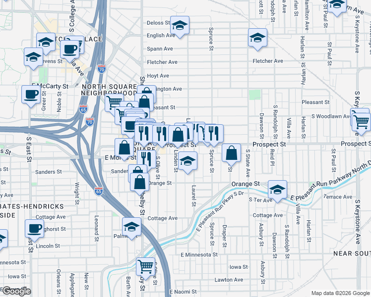 map of restaurants, bars, coffee shops, grocery stores, and more near 1126 Laurel Street in Indianapolis