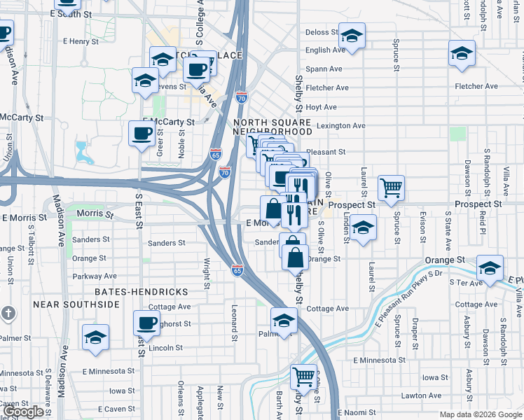 map of restaurants, bars, coffee shops, grocery stores, and more near 945 East Morris Street in Indianapolis