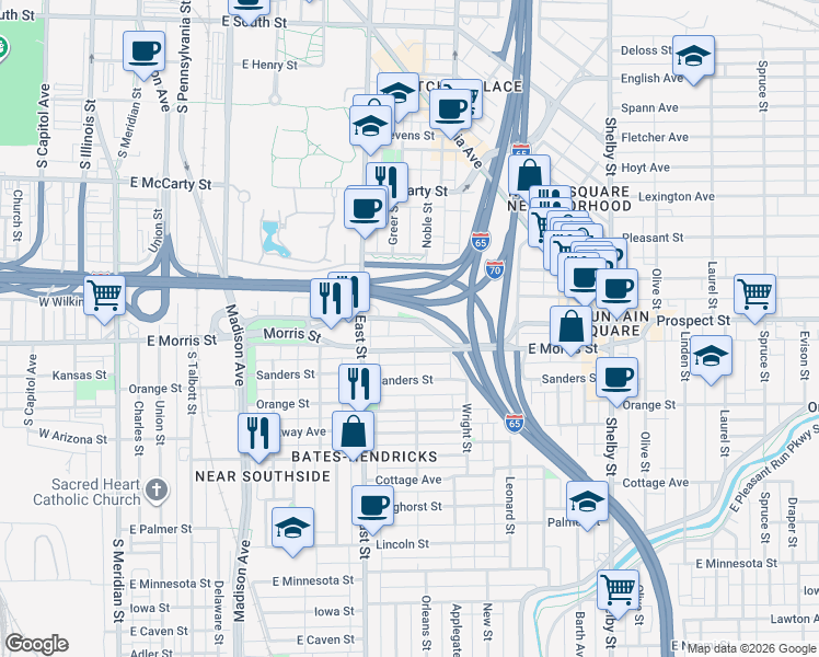 map of restaurants, bars, coffee shops, grocery stores, and more near 618 East Morris Street in Indianapolis