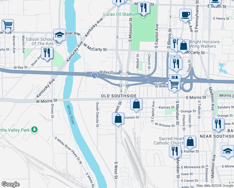 map of restaurants, bars, coffee shops, grocery stores, and more near in Indianapolis