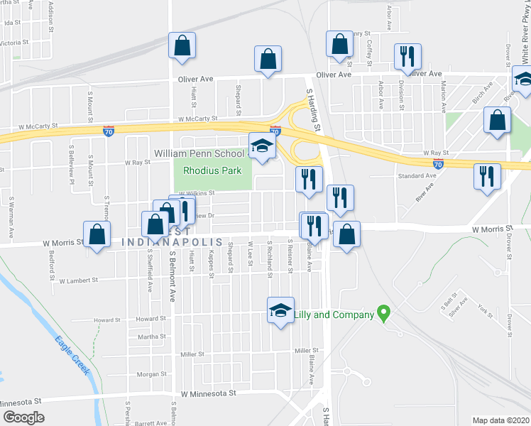 map of restaurants, bars, coffee shops, grocery stores, and more near 1744 West Morris Street in Indianapolis