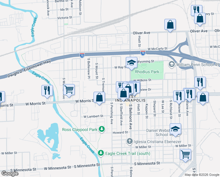 map of restaurants, bars, coffee shops, grocery stores, and more near 2210 West Morris Street in Indianapolis