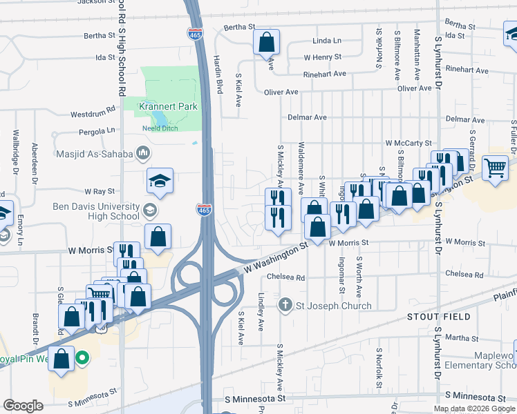 map of restaurants, bars, coffee shops, grocery stores, and more near 1126 Shady Terrace in Indianapolis