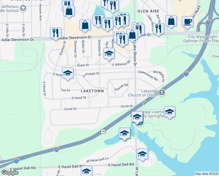 map of restaurants, bars, coffee shops, grocery stores, and more near 3618 Sheffield Road in Springfield