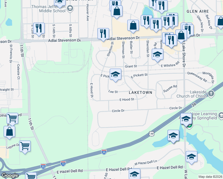 map of restaurants, bars, coffee shops, grocery stores, and more near 1924-1930 Lee Street in Springfield