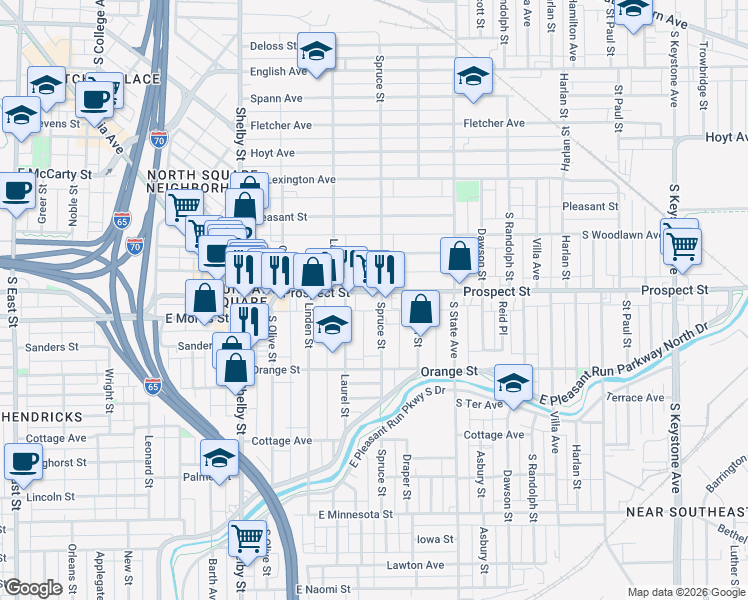 map of restaurants, bars, coffee shops, grocery stores, and more near 1136 Spruce Street in Indianapolis