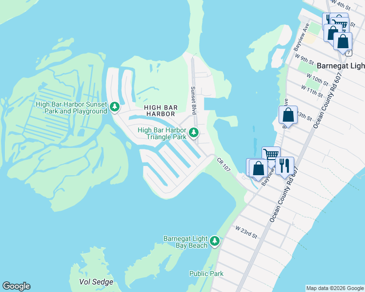 map of restaurants, bars, coffee shops, grocery stores, and more near 26 Amherst Road in Long Beach