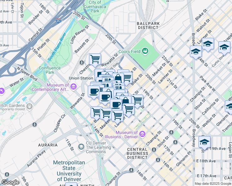 map of restaurants, bars, coffee shops, grocery stores, and more near in Denver