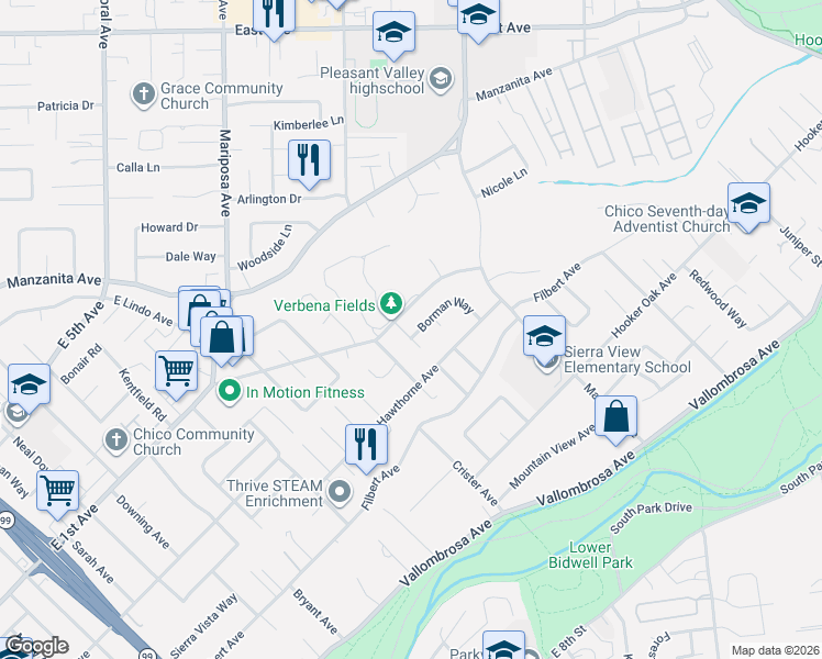 map of restaurants, bars, coffee shops, grocery stores, and more near 840 Verbena Lane in Chico