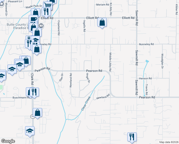 map of restaurants, bars, coffee shops, grocery stores, and more near 920 Pearson Road in Paradise