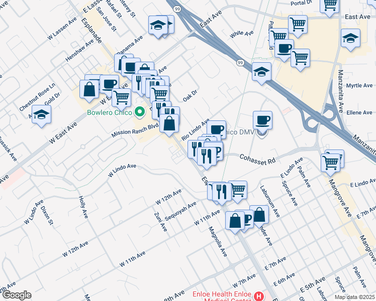 map of restaurants, bars, coffee shops, grocery stores, and more near 2 Williamsburg Lane in Chico