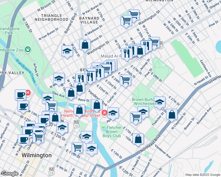 map of restaurants, bars, coffee shops, grocery stores, and more near 2231 Lamotte Street in Wilmington