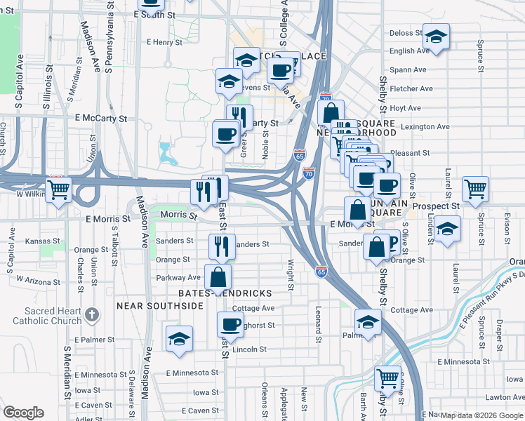 map of restaurants, bars, coffee shops, grocery stores, and more near 734 East Morris Street in Indianapolis