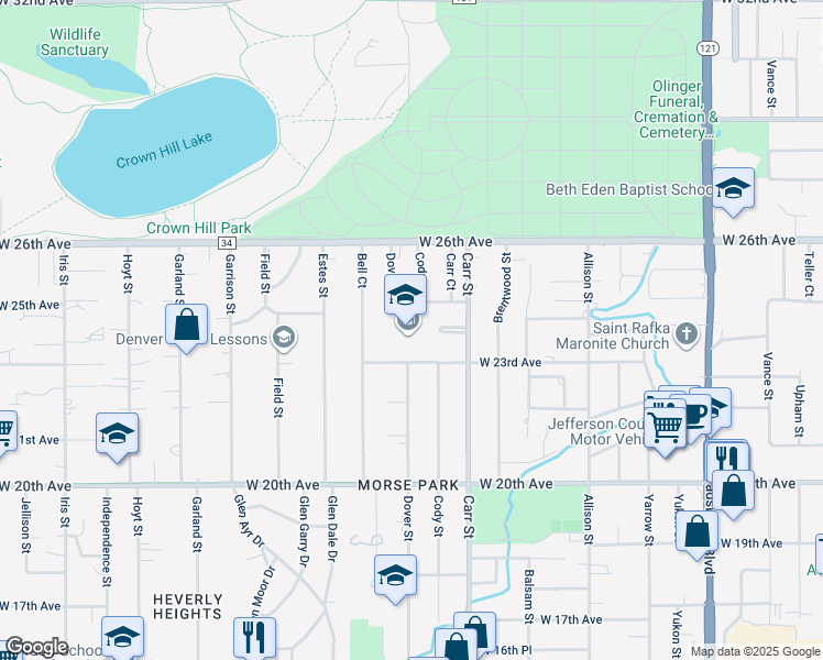 map of restaurants, bars, coffee shops, grocery stores, and more near 8605 West 23rd Avenue in Lakewood