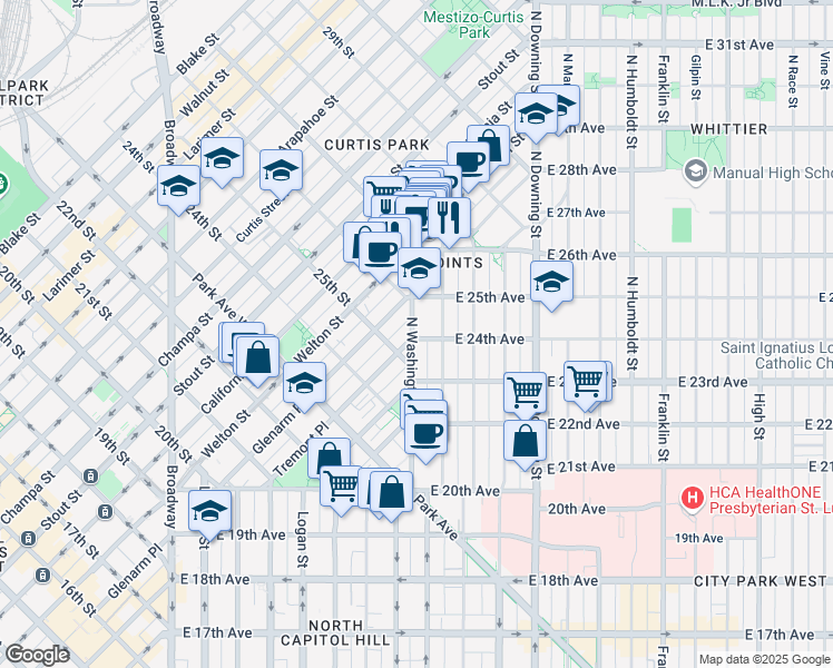 map of restaurants, bars, coffee shops, grocery stores, and more near 2330 North Washington Street in Denver