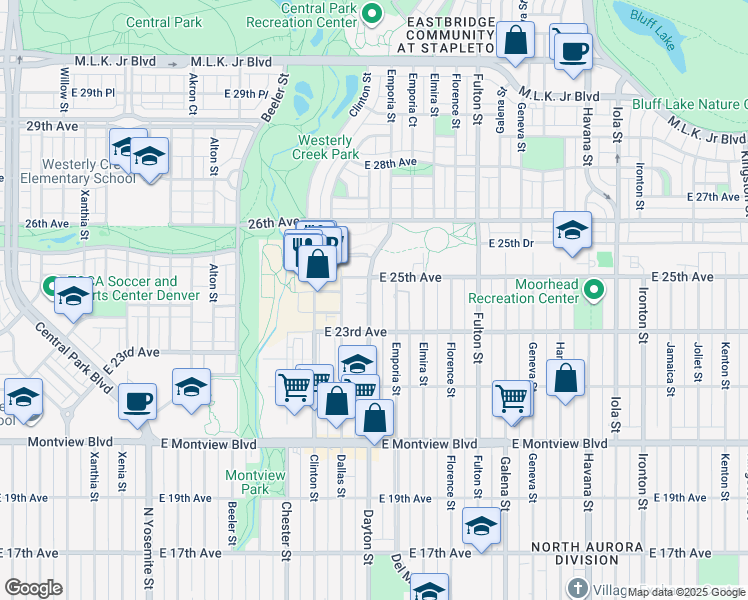 map of restaurants, bars, coffee shops, grocery stores, and more near 2302 Dayton Street in Aurora