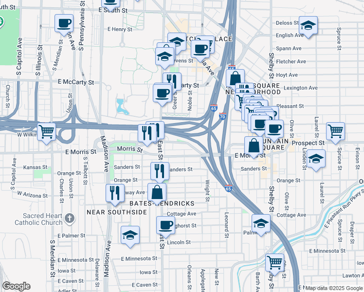 map of restaurants, bars, coffee shops, grocery stores, and more near 618 East Morris Street in Indianapolis