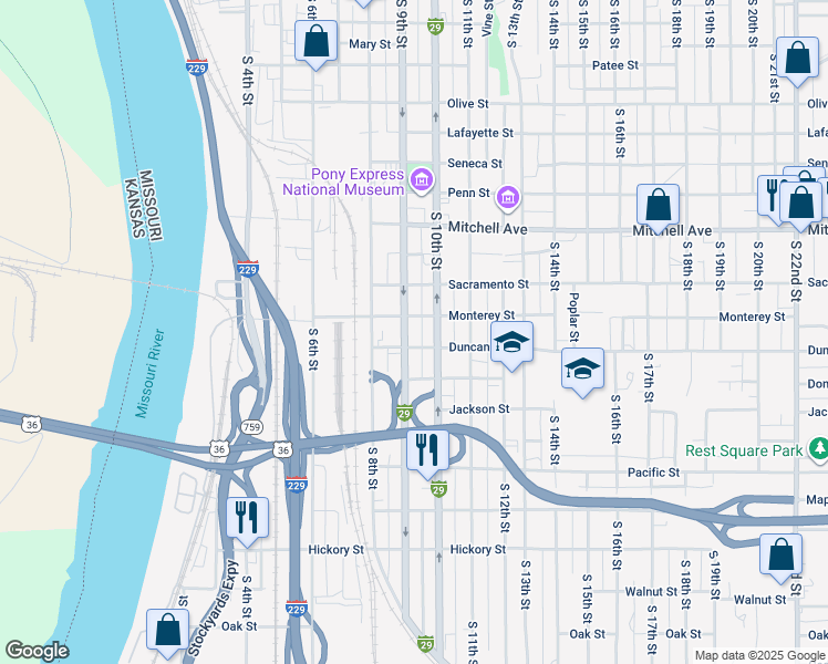 map of restaurants, bars, coffee shops, grocery stores, and more near 1706 South 9th Street in Saint Joseph