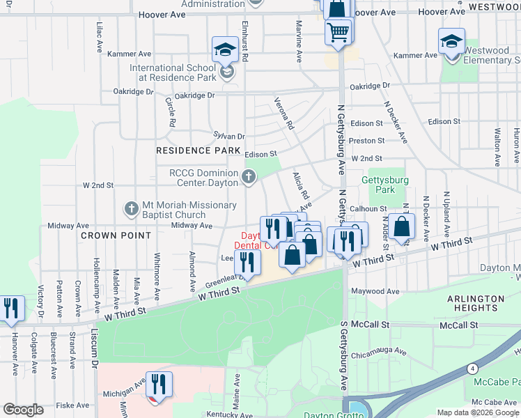 map of restaurants, bars, coffee shops, grocery stores, and more near 4301 Midway Avenue in Dayton