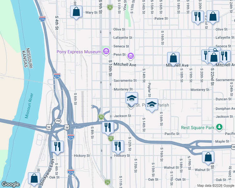 map of restaurants, bars, coffee shops, grocery stores, and more near 1705 South 11th Street in Saint Joseph