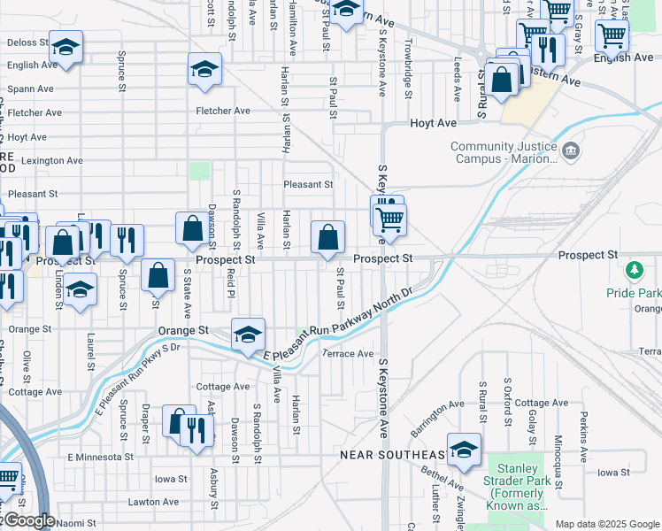 map of restaurants, bars, coffee shops, grocery stores, and more near 1131 Churchman Avenue in Indianapolis