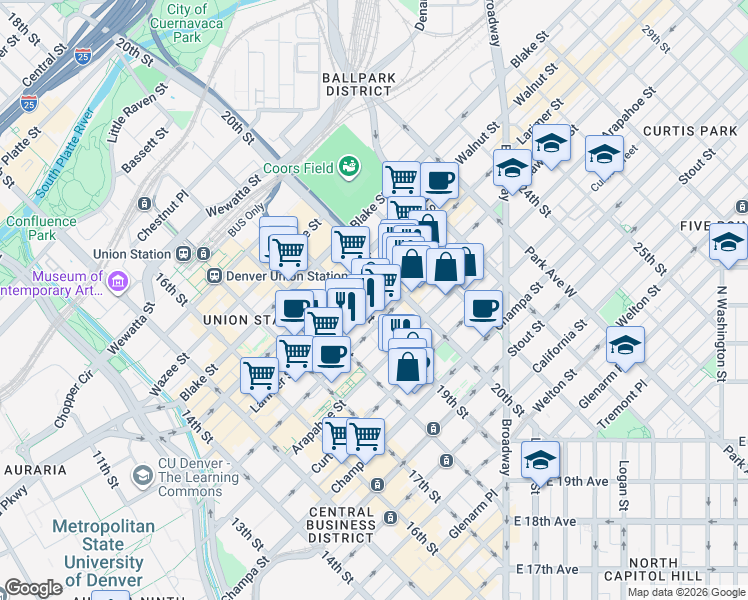 map of restaurants, bars, coffee shops, grocery stores, and more near 1255 19th Street in Denver
