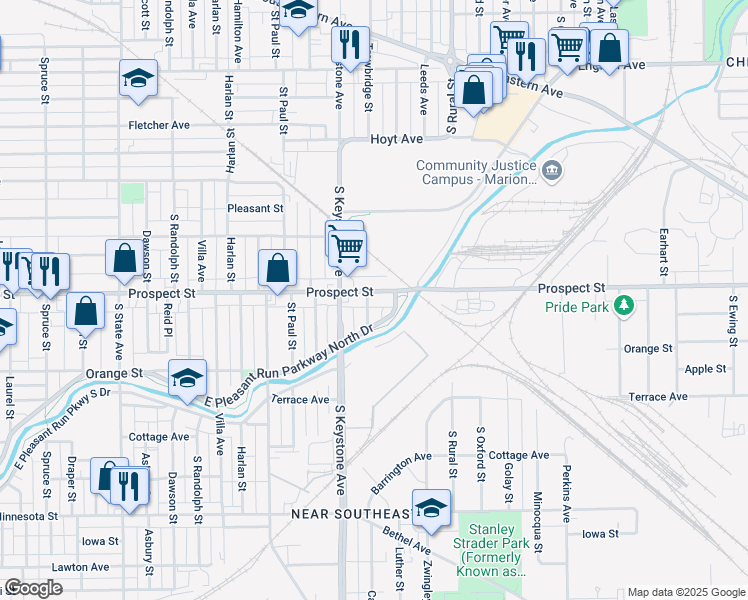 map of restaurants, bars, coffee shops, grocery stores, and more near 2505 Prospect Street in Indianapolis