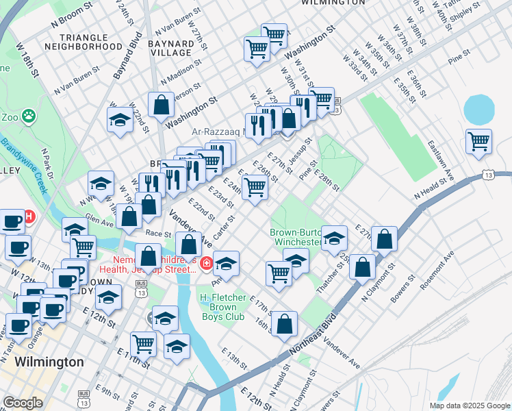 map of restaurants, bars, coffee shops, grocery stores, and more near Jessup Street in Wilmington