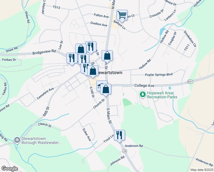 map of restaurants, bars, coffee shops, grocery stores, and more near North Main Street & South Main Street in Stewartstown
