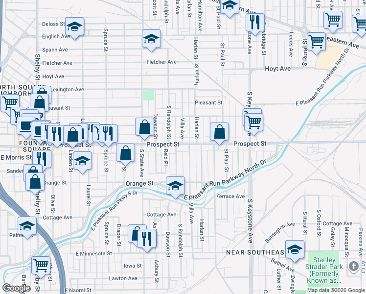 map of restaurants, bars, coffee shops, grocery stores, and more near 1136 Villa Avenue in Indianapolis