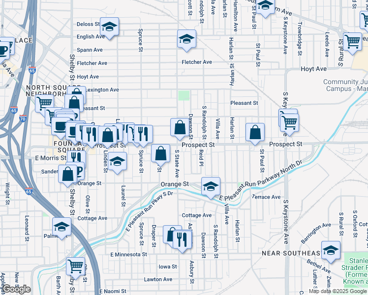map of restaurants, bars, coffee shops, grocery stores, and more near 1132 Dawson Street in Indianapolis