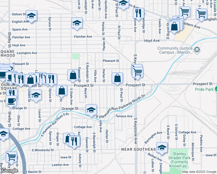 map of restaurants, bars, coffee shops, grocery stores, and more near 1130 Harlan Street in Indianapolis