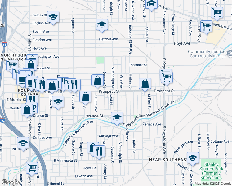 map of restaurants, bars, coffee shops, grocery stores, and more near 1837 Prospect Street in Indianapolis