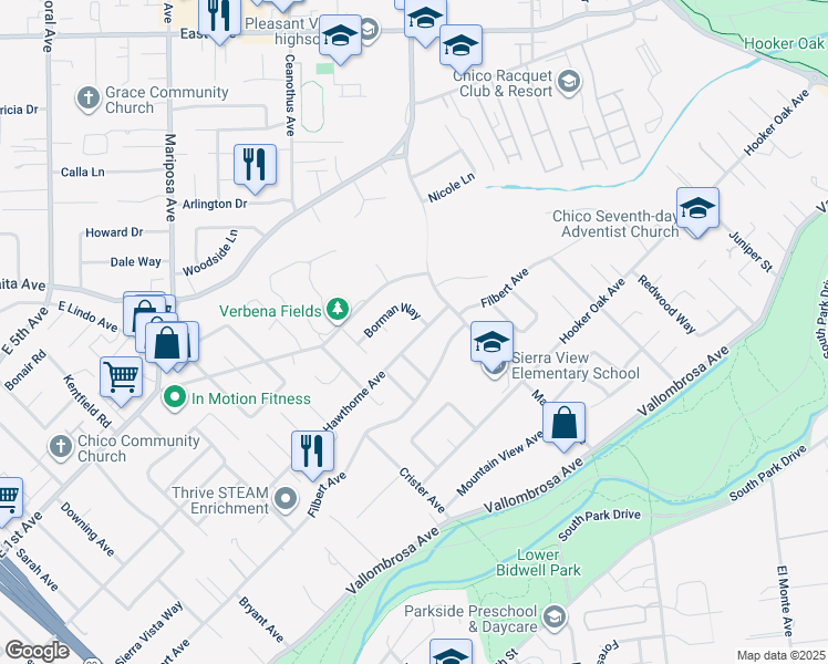 map of restaurants, bars, coffee shops, grocery stores, and more near 1582 Hawthorne Avenue in Chico