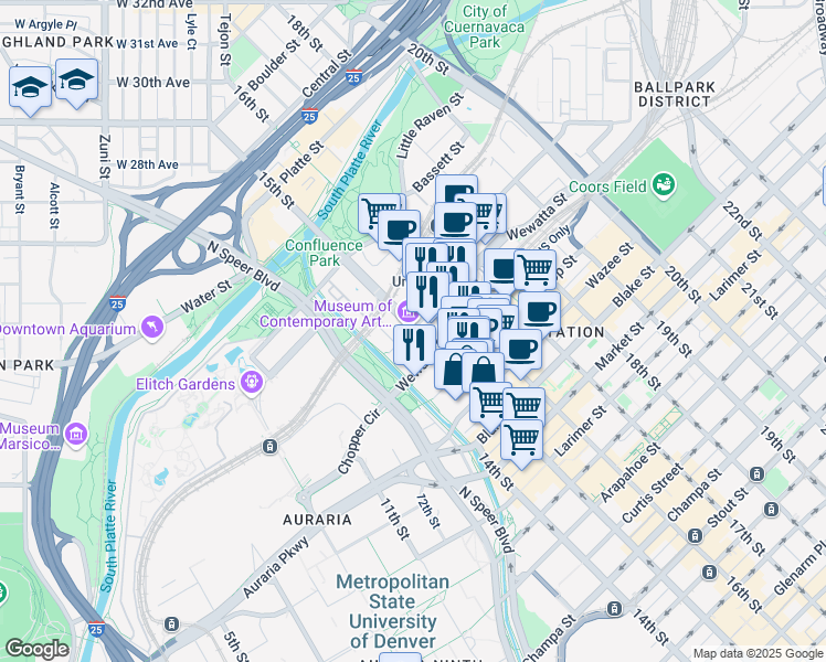 map of restaurants, bars, coffee shops, grocery stores, and more near 1422 Delgany Street in Denver