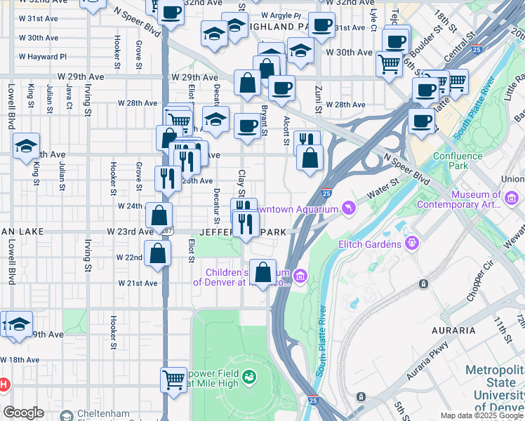 map of restaurants, bars, coffee shops, grocery stores, and more near 2607 West 23rd Avenue in Denver