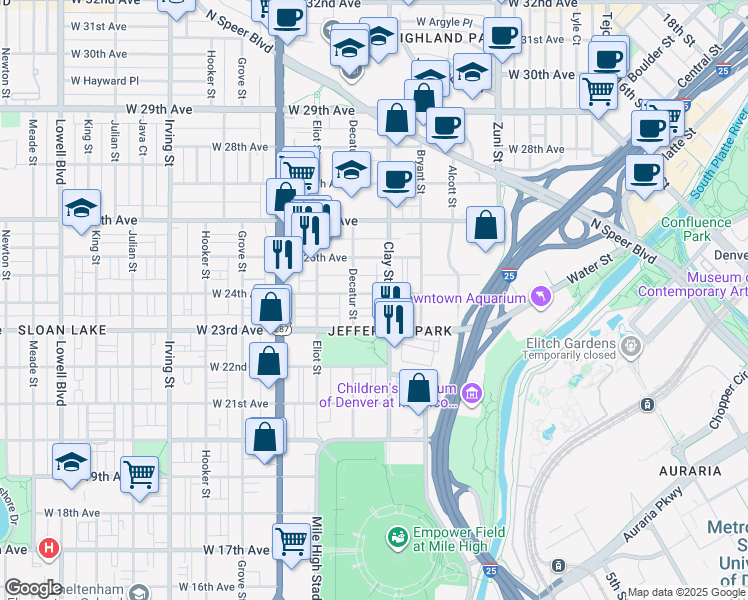 map of restaurants, bars, coffee shops, grocery stores, and more near in Denver
