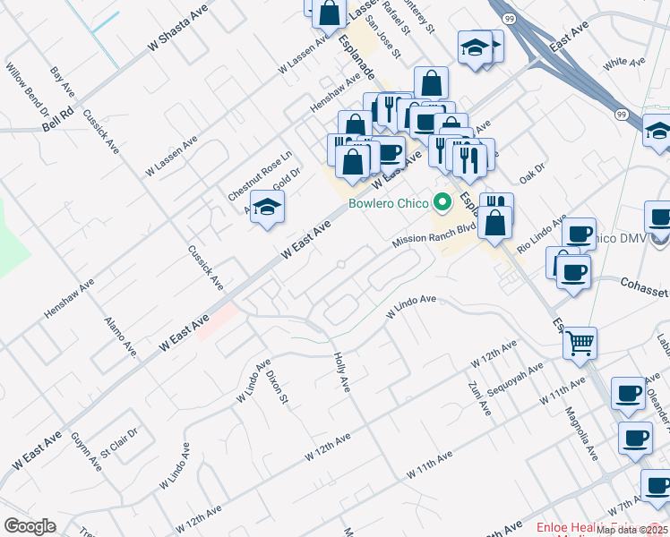 map of restaurants, bars, coffee shops, grocery stores, and more near 400 Mission Ranch Boulevard in Chico